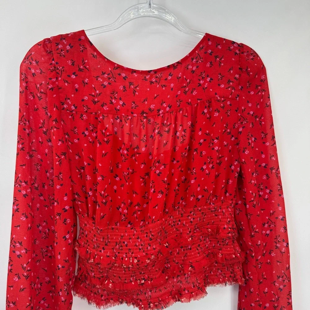 Free People Red Floral Smocked‎ Crop Top Long Sleeve Country Boho Blouse Medium